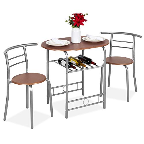 Best Choice Products 3 Piece Wooden Round Table & Chair Set For Kitchen, Dining Room, Compact Space W/steel Frame, Built In Wine Rack Espresso