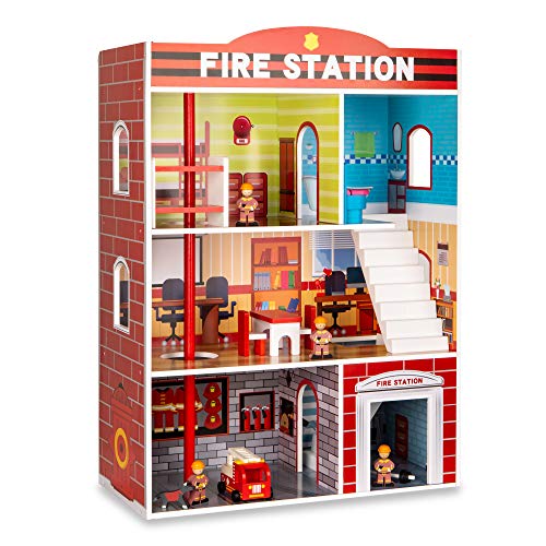 Best Choice Products 32in Kids Large Wooden 3 Story Model Fire Station Play Set Toy W/fire Engine, Helicopter, 14 Accessories, 5 Rooms