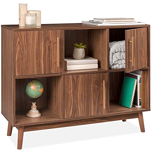 Best Choice Products 6 Shelf Mid Century Modern Multipurpose Wood Entertainment Media Tv Storage Stand Console Table For Entryway, Hallway, Living Room W/offset Legs, Cabinet Doors