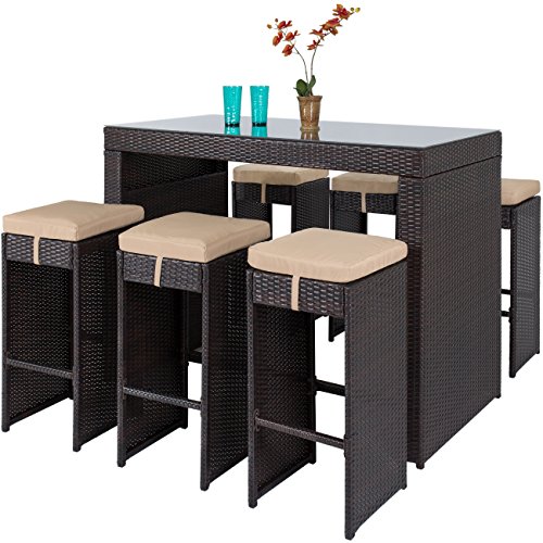 Best Choice Products 7 Piece Outdoor Rattan Wicker Bar Dining Patio Furniture Set W/glass Table Top, 6 Stools Brown