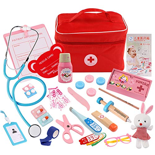 Children's Role Play Toys Wooden Simulation Doctor Kit With Medical Carry Bag Stethoscope And Other Equipment For Family Interactive Games Best Gift Of 3 8 Years Old Kids,a