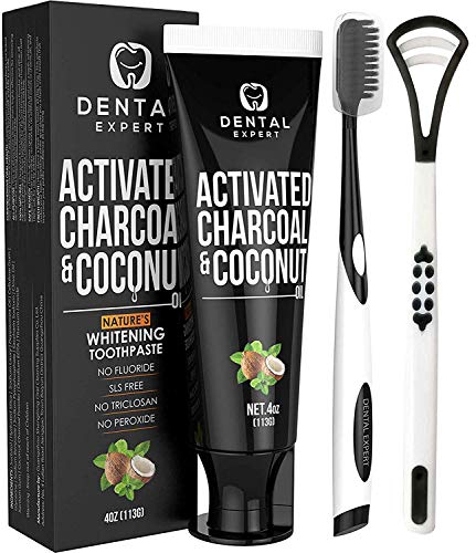 Dental Expert Activated Charcoal Teeth Whitening Toothpaste Destroys Bad Breath With Tongue Scraper Cleaner Best Natural Black Tooth Paste Kit Mint Flavor Removes Coffee Stains