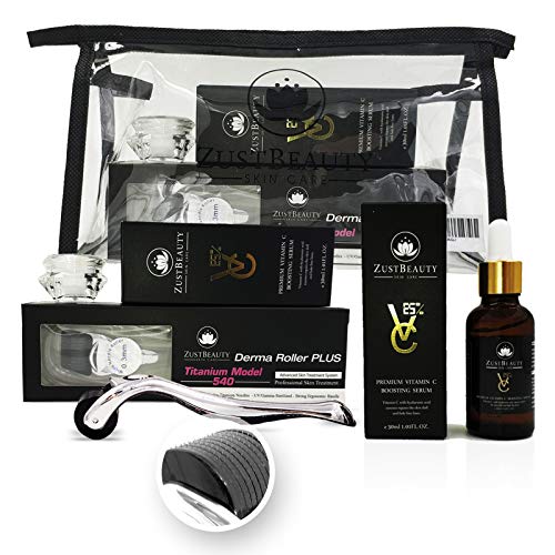 Derma Roller Kit 0.3mm And Vitamin C 25% Hyaluronic Serum With Soothing Cream Set Bundle– Best Quality 540 Titanium Microneedle Organic Vitamin C Serum Cosmetic Micro Needles For All Face Skin Types