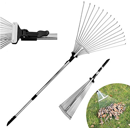 Dvcom 63 Inch Adjustable Garden Rake For Leaf Collect Loose Debris Among Delicate Plants Lawns And Yards, Best Expandable Head Rake For Leaves Small To Large Rake For Gardening