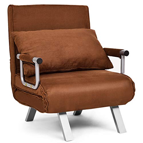 Giantex Convertible Sofa Bed Folding Arm Chair Sleeper With Pillow, Best Chamois Cover Soft To Touch, 5 Positions Adjustable, 2 In 1 Armrest W/steel Frame Recliner Padded Lounger Couch Bed (brown)