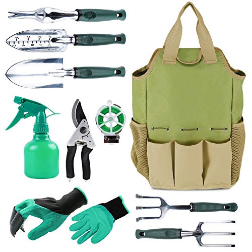Inno Stage Gardening Tools Set And Organizer Tote Bag With 10 Piece Garden Tools,best Garden Gift Set,vegetable Gardening Hand Tools Kit Bag With Garden Digging Claw Gardening Gloves