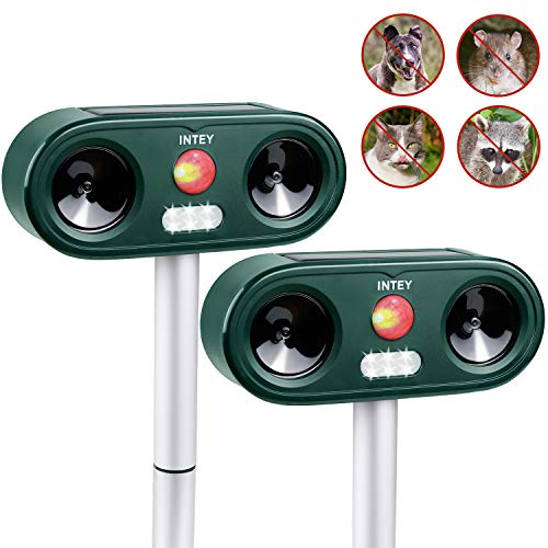 Intey Animal Repeller 2 Packs, Cat Repeller High Power, Solar Ultrasonic Repeller With Led Lights, Waterproof Cat Repeller, Best Garden Companion, Expel Cats, Dogs, Birds, Etc