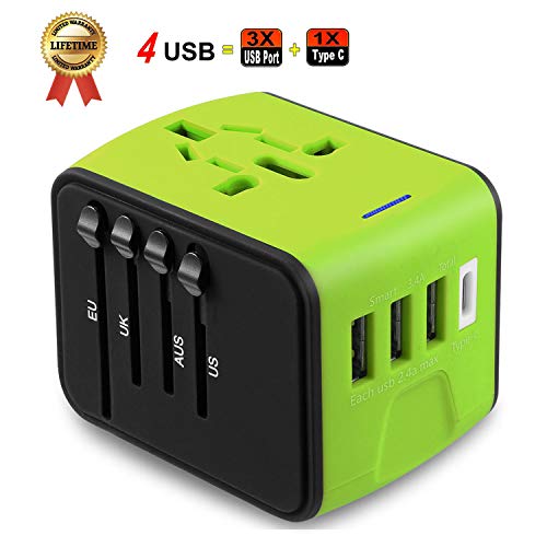 Jmfone International Travel Adapter The Best Universal Power Adapter Perfect Worldwide Plug Wall Charger With Type C 3 Usb Port With European Uk Eu Au Us Plugs (green)