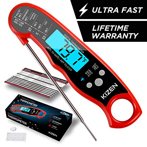 Kizen Instant Read Meat Thermometer Best Waterproof Ultra Fast Thermometer With Backlight & Calibration. Kizen Digital Food Thermometer For Kitchen, Outdoor Cooking, Bbq, And Grill!
