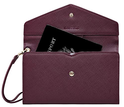 Krosslon Rfid Passport Holder Wristlet Travel Wallet Trifold Documents Organizer Slim Purse, Fit Us Uk Ca Passport Cover Best Traveling Accessories For Women, Burgundy(218#)