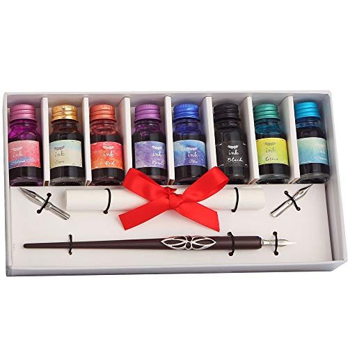 Mancola Calligraphy Pen Set 8 Bottle Ink 100% Hand Craft Wood Pen Stem Dip Pen With 3 Nibs Ideal Antique Desk Decor Best Gift Ma 600