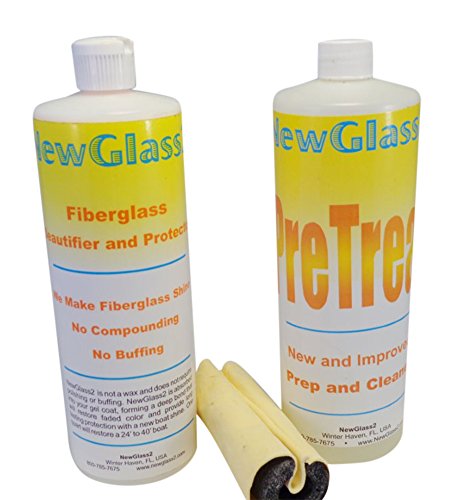 New Glass 2 Fiberglass Cleaner & Wipe On Shine Restorer Lasts Over 12 Months 2 Easy Steps Complete Kit Clean Surface And Wipe On The Shine Make Your Boat, Rv Or Yacht Shine Like New No Buffing, No Compounding, No Rubbing, No Polishing And No Waxing. Clean Surface And Wipe On The Best Shine. Fiberglass Beautifier In A Bottle.