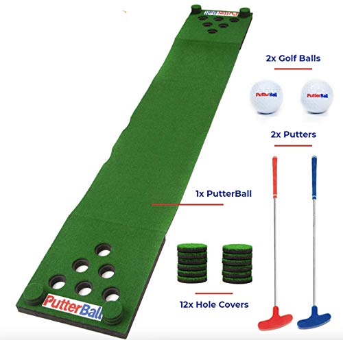 Putterball Golf Beer Pong Game Set Includes 2 Putters, 2 Golf Balls, Green Putting Beer Pong Golf Mat & Golf Hole Covers Best Backyard Party Golf Game Set