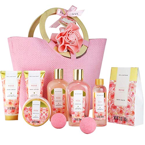Spa Luxetique Spa Gift Baskets For Women, Rose Bath Spa Gift Basket, Luxury 10pc Spa Gift Set, Pamper Home Bath Set With Bath Salts, Body Lotion, Shower Gel, Body Butter, Best Gift Set For Women.