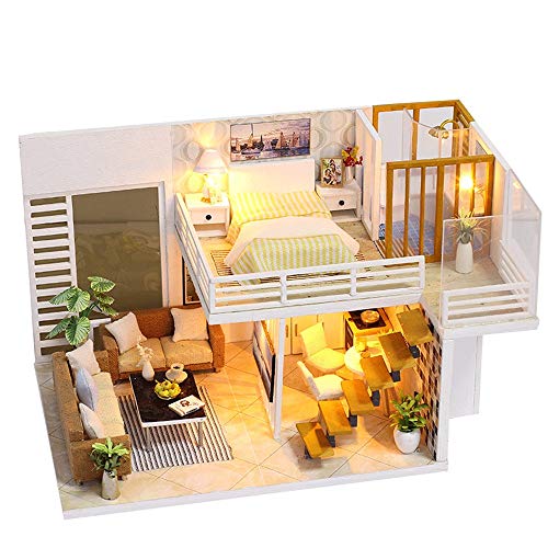 Wooden Dollhouse Furniture Set Kids Room Bathroom Kichen Livingroom Diy 3d Miniature House Puzzle Jigsaw Toys With Mini Led Table Lights Stimulation Brain Development Best Gift For Girls