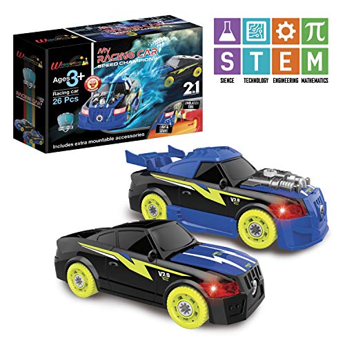 Wowowiwa Take Apart Racing Car Toys Build Your Own Car Toy Kit 26 Pieces Only, Constructions Set Car Kit (2 In 1) With Real Tools Drill & Electric Lights &sound Best Gift For Kids Age 3 4 5 6 7+